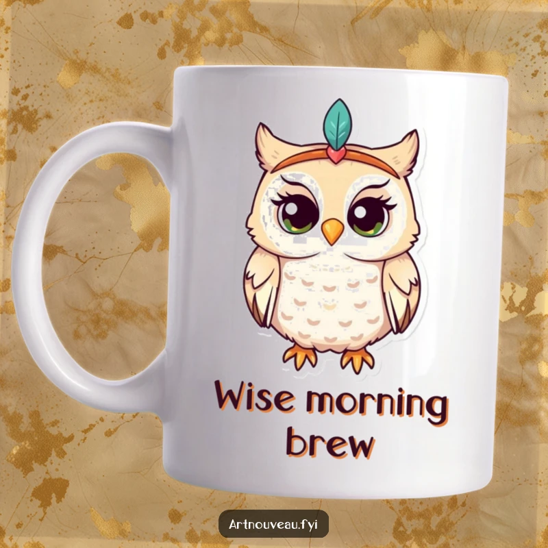 Funny owl mug, whimsical creature in feathered headband, enchantingly curious expression, unique gift for bird lovers, humorous.