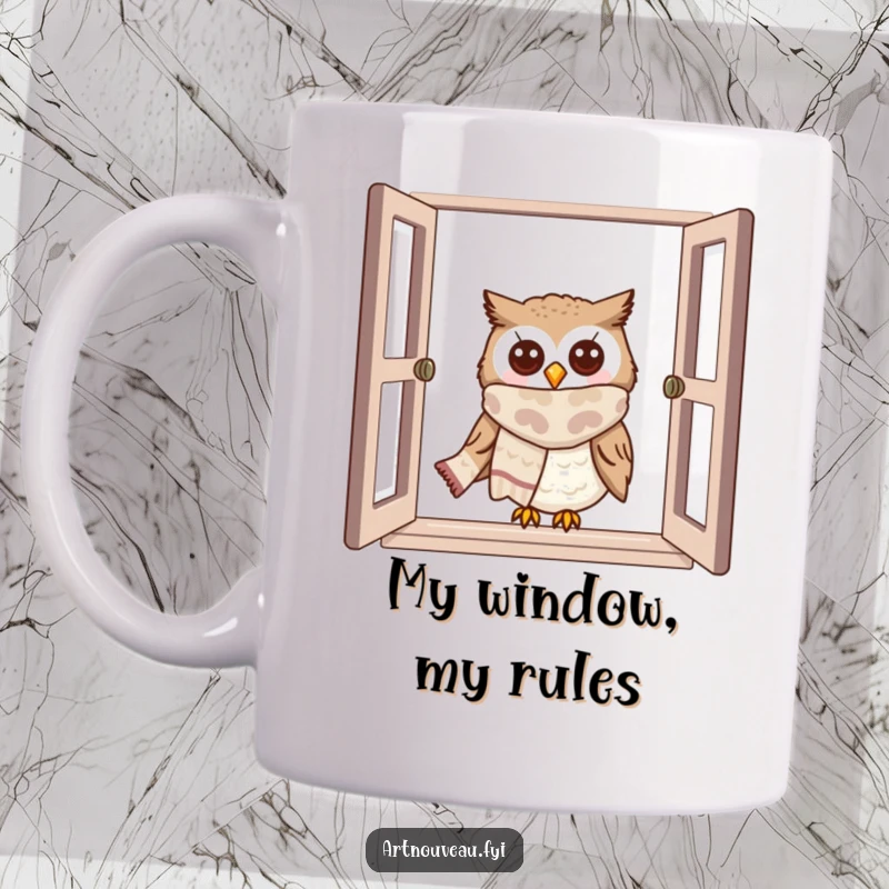 Funny owl mug with a cute owl wearing a flowing scarf, peeking curiously from a window, ideal for bird lovers.