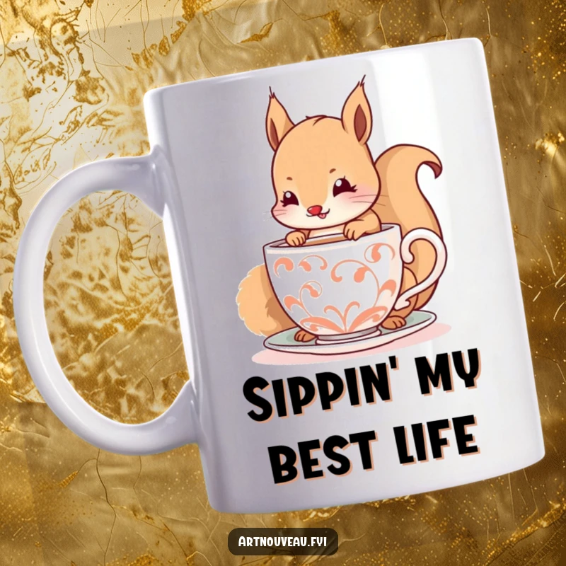 Funny mug with a happy squirrel delicately sipping from a decorative, spiraling cup, radiating joy and playful charm.