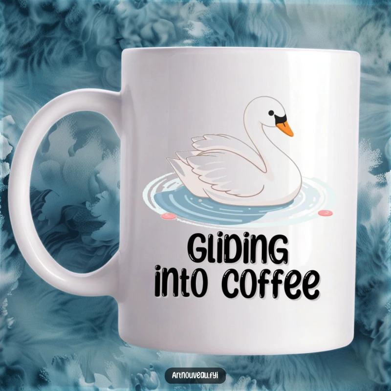Funny cute swan with elegant curves gliding gracefully on a shimmering decorative pond, bringing serene beauty to this mug.