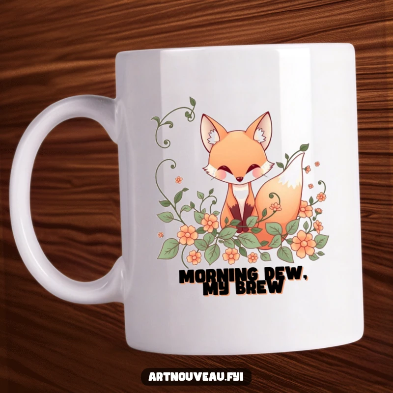 Funny Mug: Whimsical fox with flowing lines peeks out from detailed ornate vines, a beautiful nature-inspired art nouveau design.