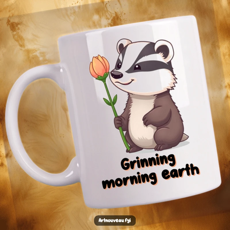 Funny Mug: A badger with a whimsical grin admiring a dramatically curved flower stem, showcasing woodland charm and joy.
