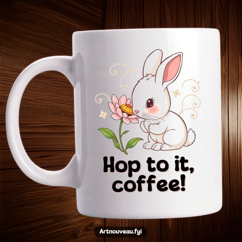 Funny Mug: Curious rabbit with art nouveau swirls inspects a detailed flower, showcasing a beautiful nature-inspired design.