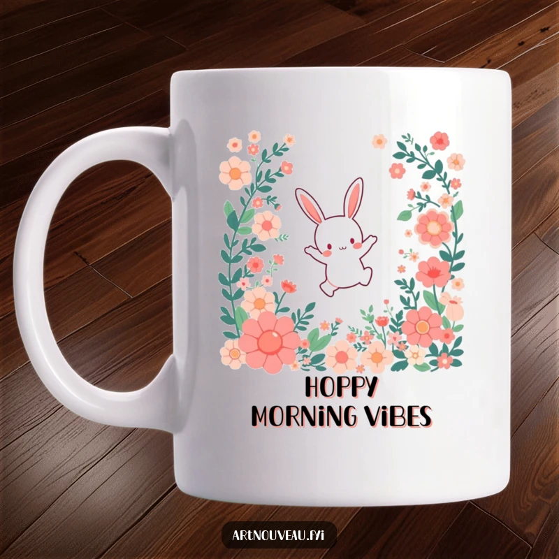 Funny Mug: A small bunny character leaping joyfully through a cascade of stylized floral patterns, radiating happiness and spring vibes.