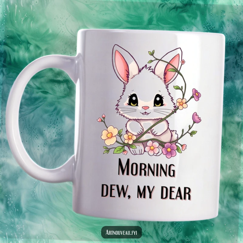 Funny bunny mug with expressive eyes peeking from floral vine, adorable and cute gift for animal lovers.