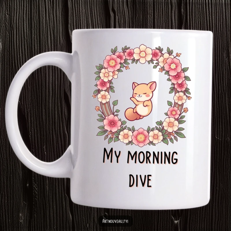 Funny mug featuring a cute, energetic animal gracefully diving through a beautifully ornate, colorful floral archway, showcasing whimsical joy.