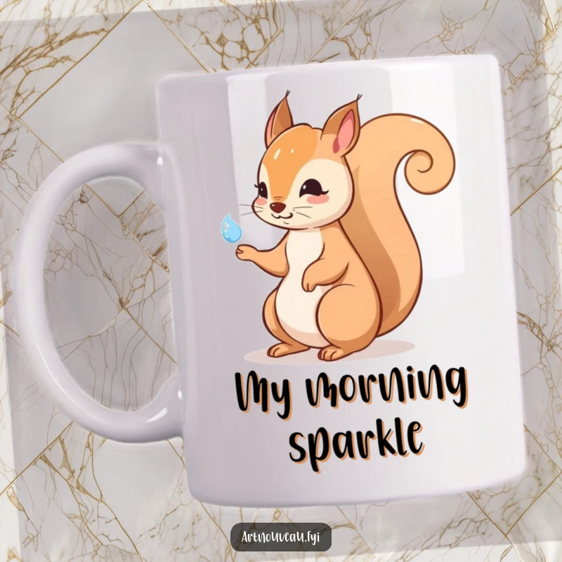 Funny squirrel mug with a swirling tail pointing at a shimmering dewdrop, capturing a moment of playful curiosity and nature's beauty.