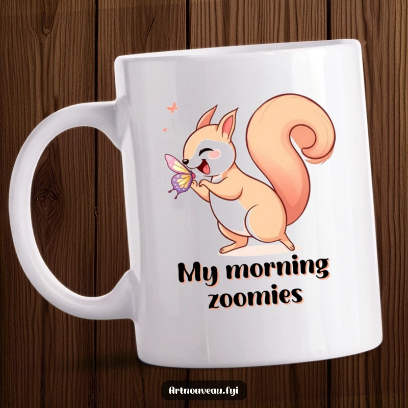 Funny squirrel in art nouveau style, joyfully chasing a shimmering butterfly with a curled tail, bringing whimsical delight to this mug.