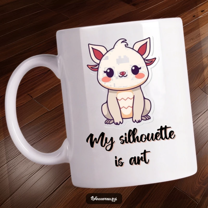 Funny mug showcasing a smiling creature's decorative organic silhouette, radiating calm and happiness, a perfect gift.