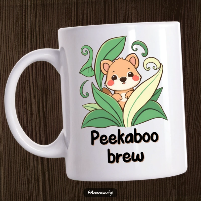 Funny mug with a playful animal peeking curiously from behind lush, swirling stylized leaves, creating a sense of whimsical nature.