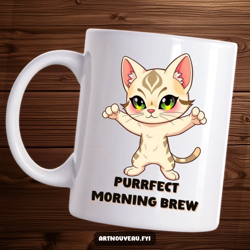 Funny Feline Mug: Art Nouveau inspired cat striking a dynamic pose with flowing markings, perfect for artistic coffee breaks.