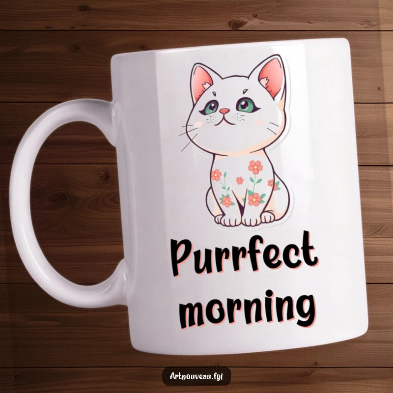 Funny cat mug, stylized feline with delicate floral patterns, gazing upwards, artistic design, unique gift for cat enthusiasts.