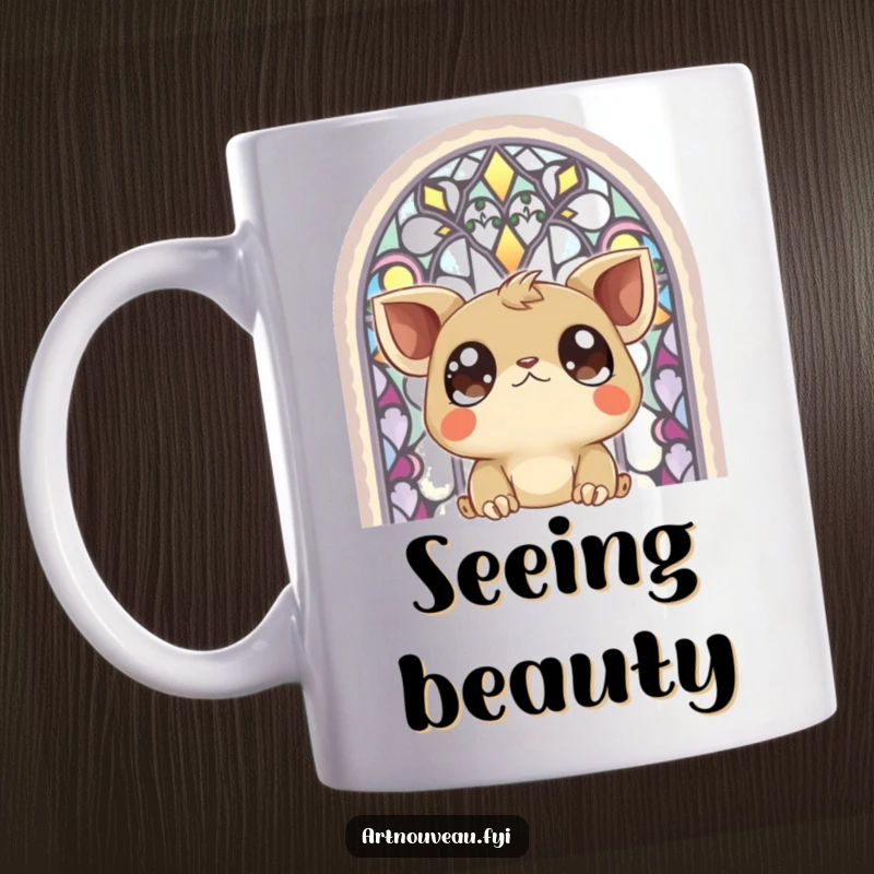 Funny Mug: A creature with huge, expressive eyes captivated by the colorful patterns of a beautiful stained-glass window.