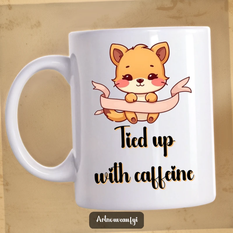 Funny mug featuring an adorable animal playfully interacting with a flowing, decorative ribbon, evoking joy and lightheartedness.