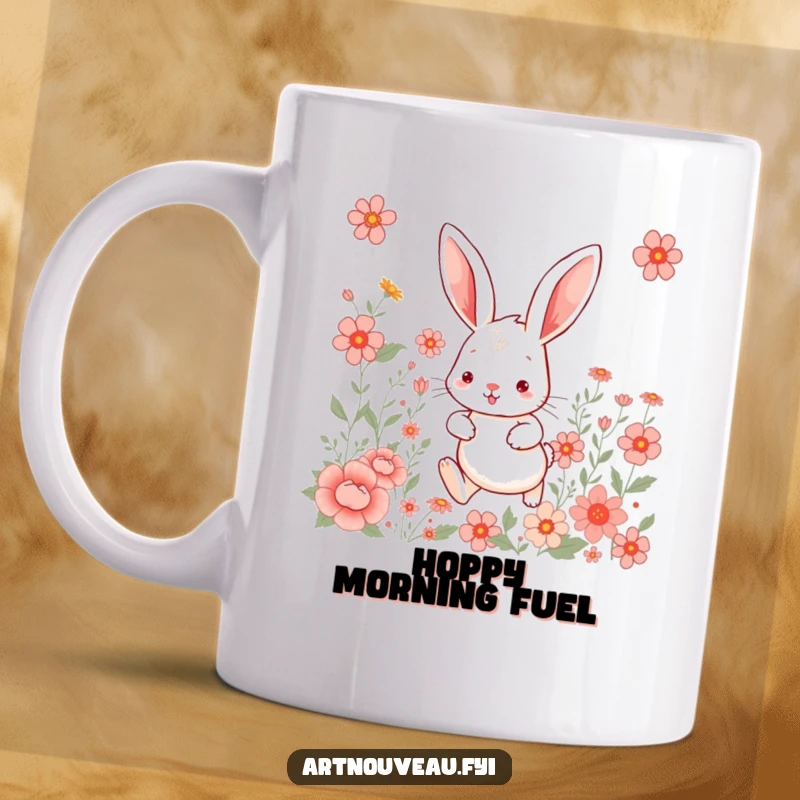 Whimsical rabbit mug, with large ears hopping among artful floral patterns, a cute and cheerful design.