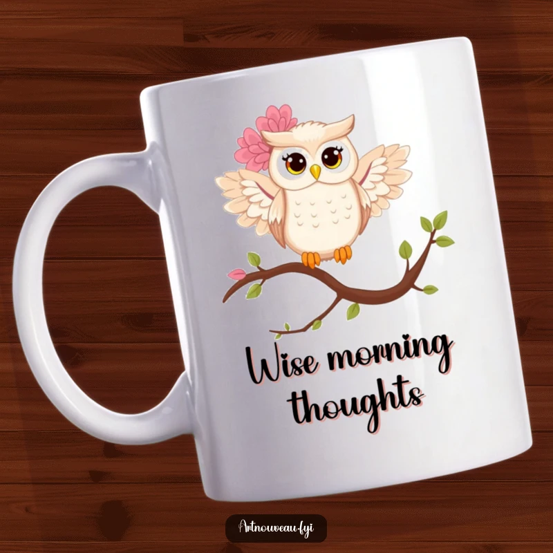 Funny owl mug displaying a stylized owl with intricate floral wings, perched elegantly on a curved branch, exuding serene beauty.