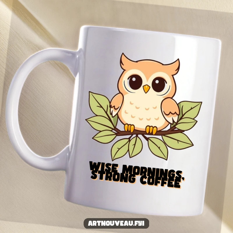 Funny Mug: Playful owl with curved details gracefully floating on stylized leaves, a delightful art nouveau nature design.