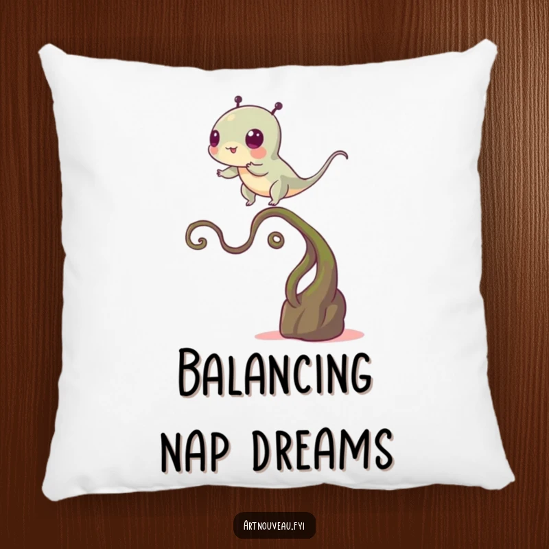 Funny pillow featuring a creature in a precarious balance on a winding plant stem, perfect for adding a humorous and comfortable touch to seating.