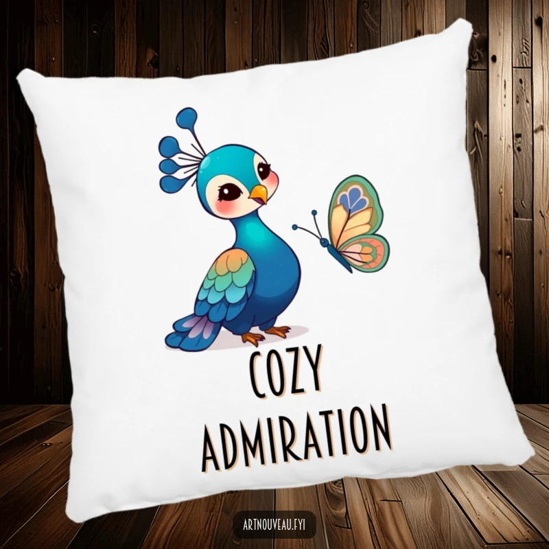 Funny Art Nouveau Peacock Pillow with a gentle bird and an art nouveau butterfly, offering plush comfort and a touch of serene, humorous decoration.