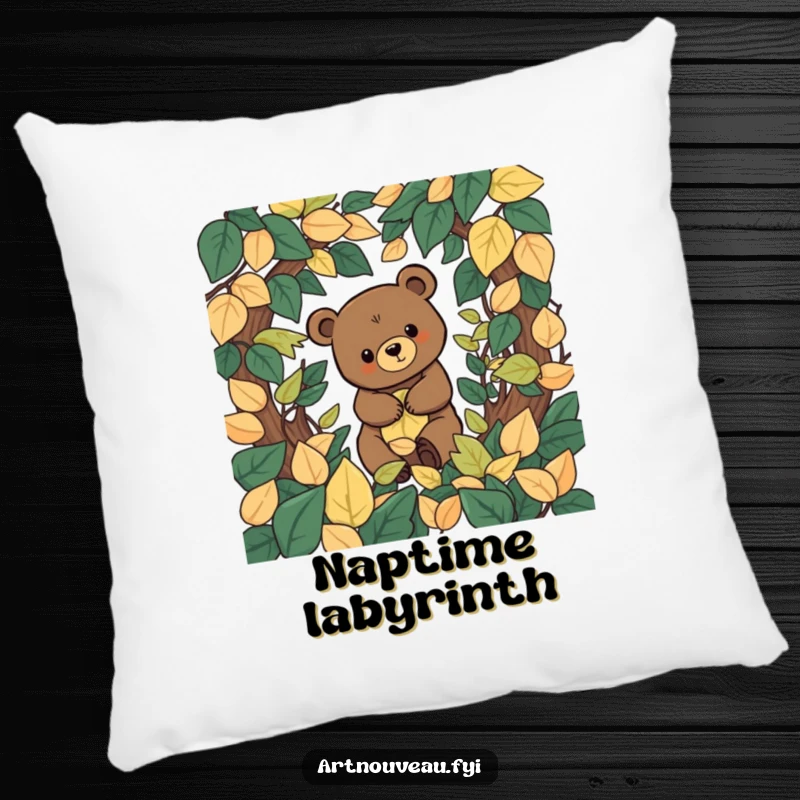Funny stylized bear with organic shapes exploring a decorative labyrinth of leaves, featured on a soft and comfortable throw pillow.