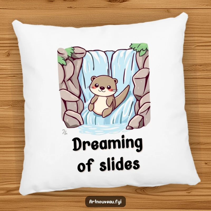 Funny otter with smooth lines playfully sliding down a stylized waterfall, featured on a soft and decorative accent pillow.