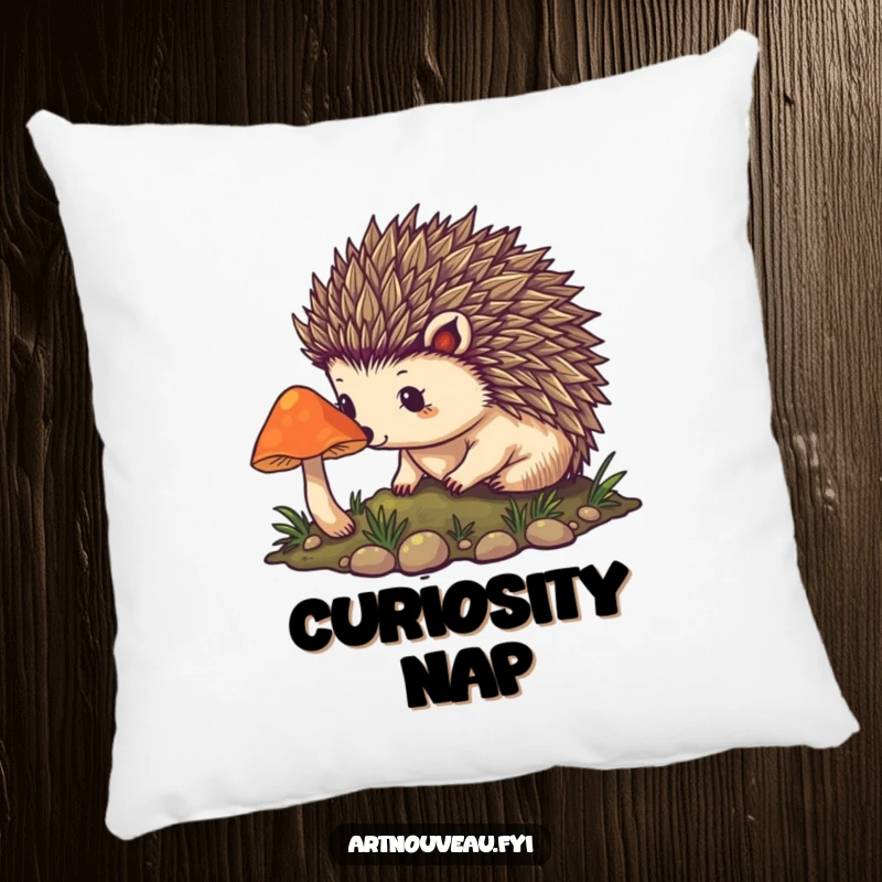 Funny hedgehog pillow with intricate art nouveau spines and a glowing mushroom motif, perfect for adding a touch of magical comfort.
