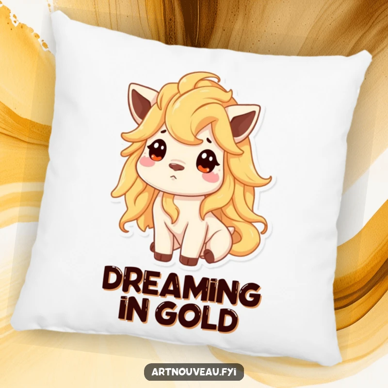 Funny throw pillow showcasing an animal with a flowing, golden mane, inviting curiosity and adding soft, magical comfort.