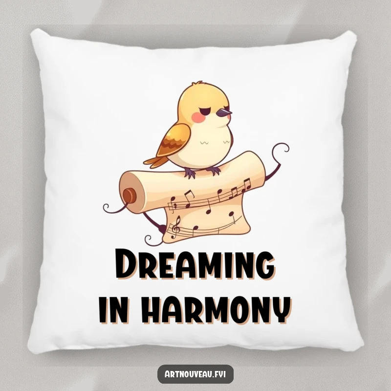 Funny Bird Pillow: A decorative pillow with a small bird on a musical scroll, offering artistic comfort and humorous charm.