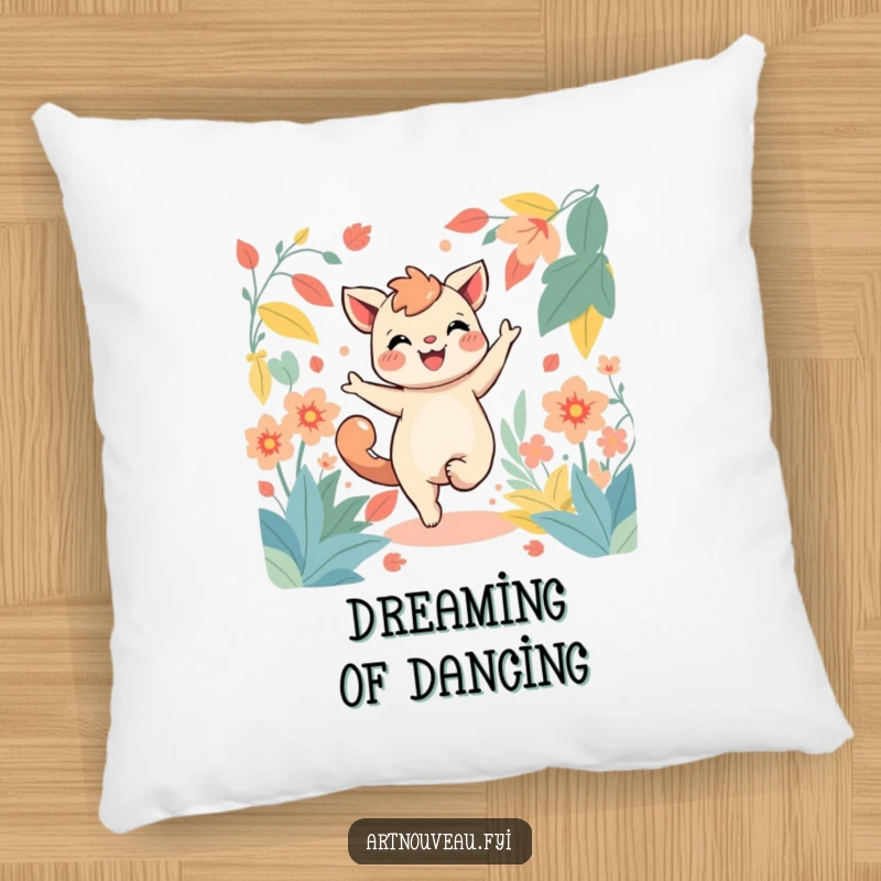 Funny decorative pillow with a joyful creature dancing amidst stylized, flowing foliage, adding comfort and a touch of whimsy.