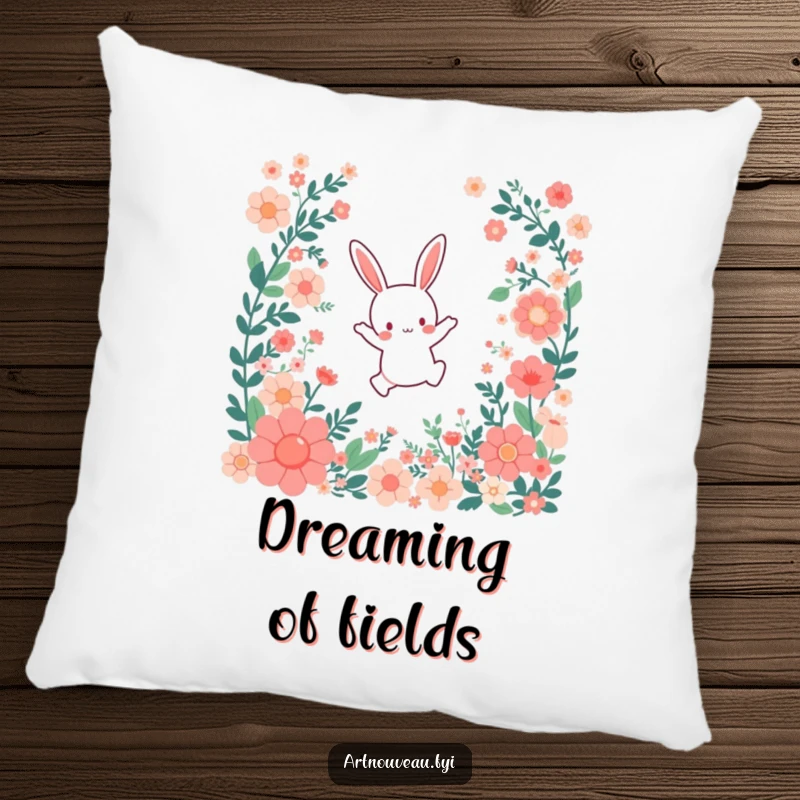 Funny Pillow: A small bunny character leaping joyfully through a cascade of stylized floral patterns, adding comedic charm and softness.