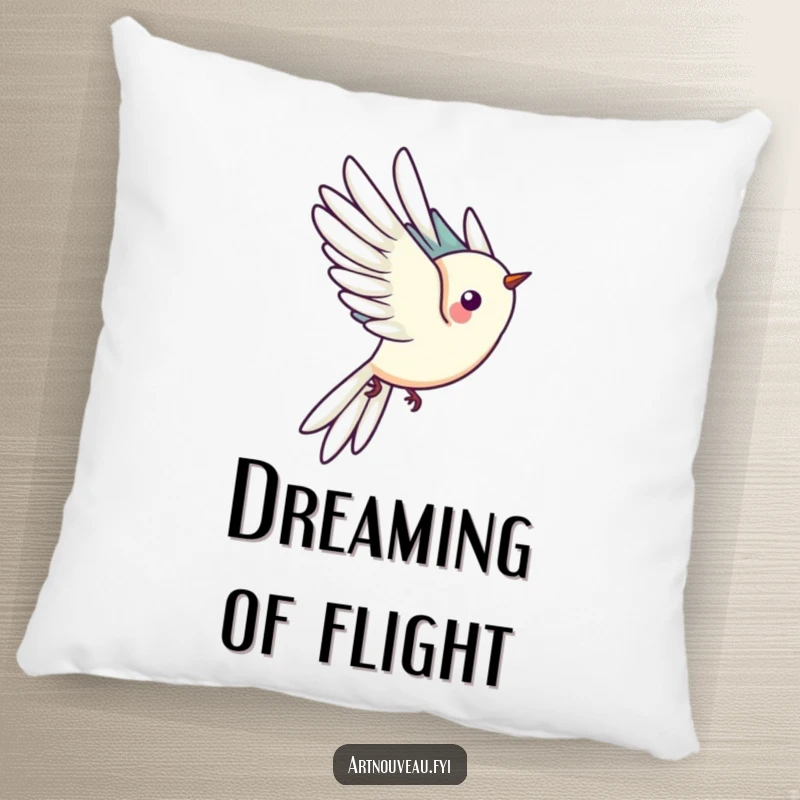 Funny pillow showcasing a stylized bird with elongated tail feathers taking flight, providing a soft touch of elegance and whimsy to any decor.