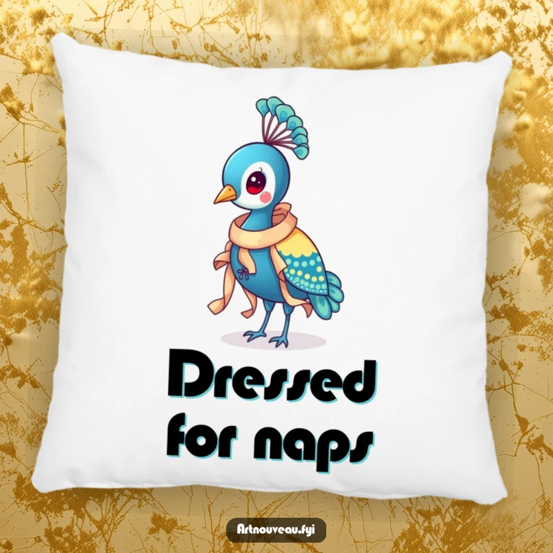 Funny Peacock Ribbon Pillow with a distinguished bird wearing an ornate ribbon, offering plush comfort and a touch of elegant, humorous decoration.