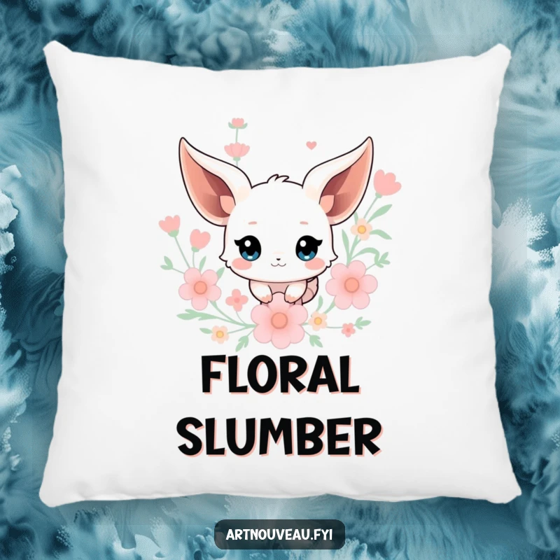 Funny Creature Pillow: A soft pillow featuring a creature with flowing ears amidst stylized floral elements, offering whimsical comfort and humor.