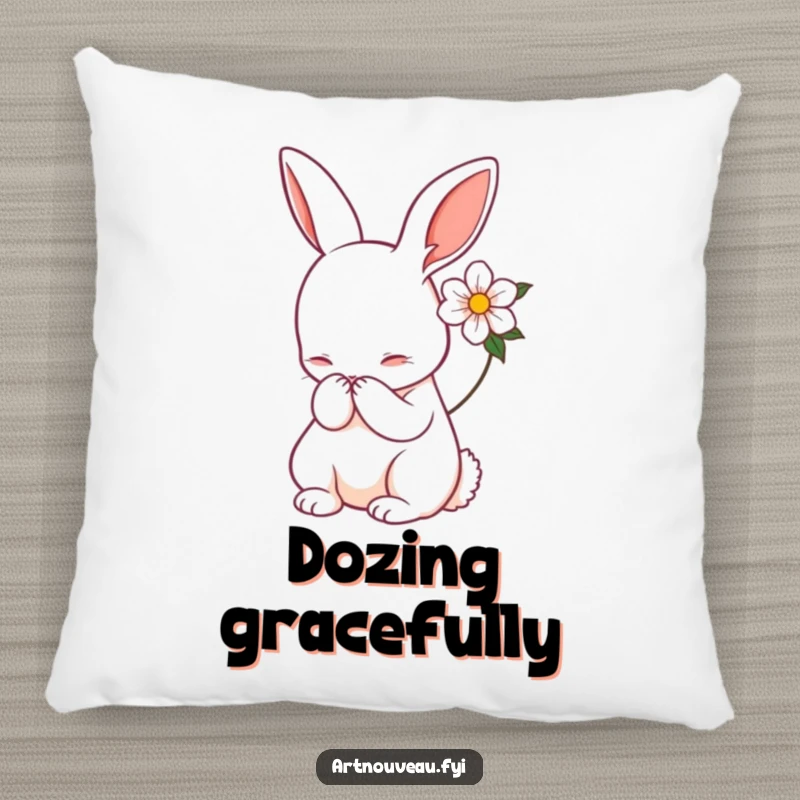 Funny rabbit pillow, Art Nouveau style, gracefully bowing, flower accent, decorative cushion, perfect funny gift for relaxation.