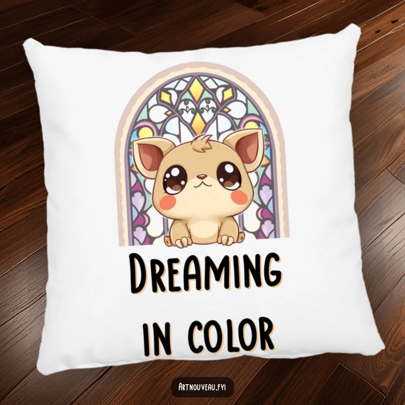 Funny Pillow: A soft cushion featuring a creature with large, expressive eyes mesmerized by the beauty of a stained-glass window.