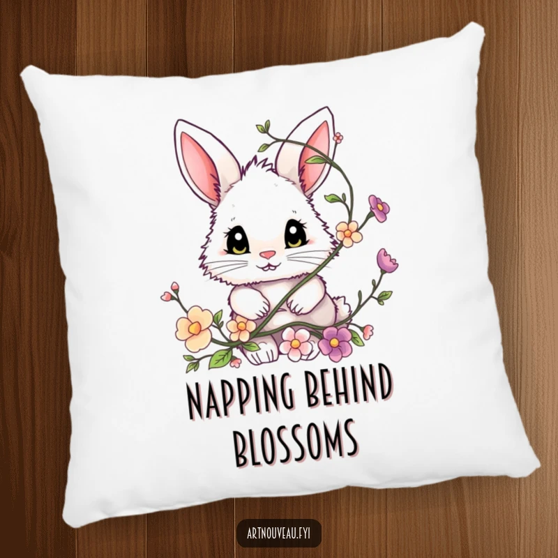 Funny bunny pillow, a fluffy bunny with large expressive eyes peeking from behind a floral vine, decorative cushion.