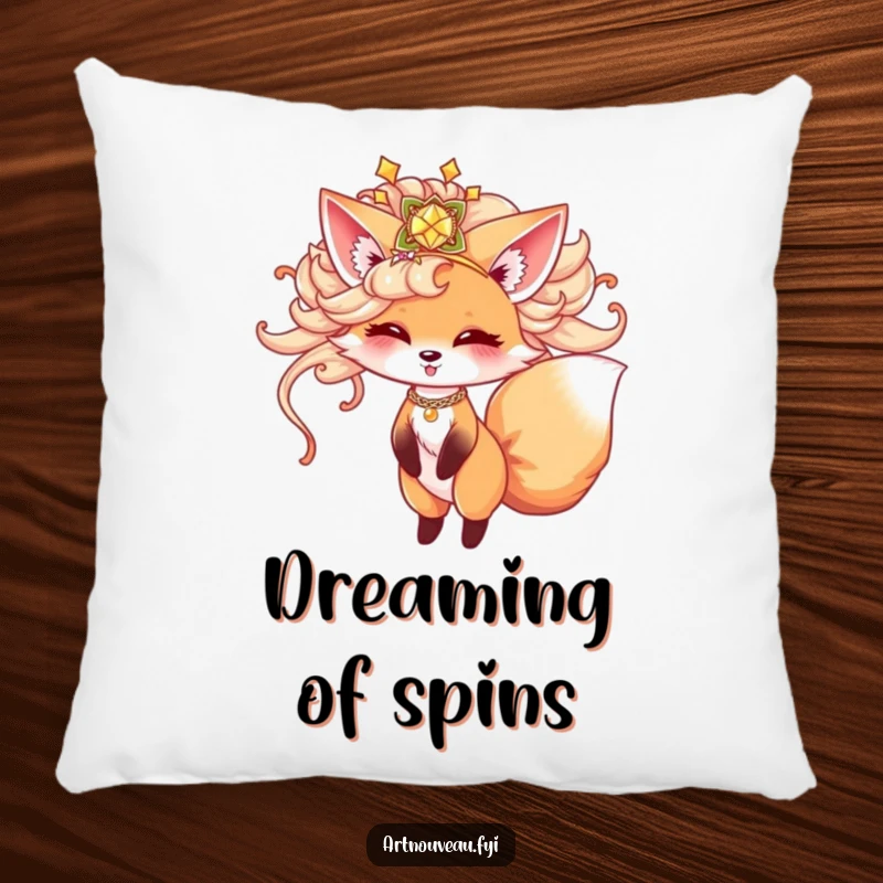 Funny fox pillow, cute animal in ornate hairpiece playfully twirling, decorative cushion, soft and cozy, perfect funny gift.