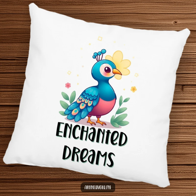 Funny Enchanted Peacock Pillow with a bird enchanted by a magical, glowing bloom, offering plush comfort and a touch of whimsical, humorous decoration.