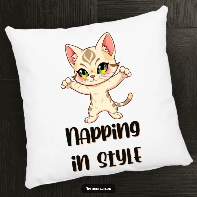 Funny Feline Pillow: A decorative cushion featuring an Art Nouveau inspired cat in a dynamic pose, offering artistic comfort and humor.