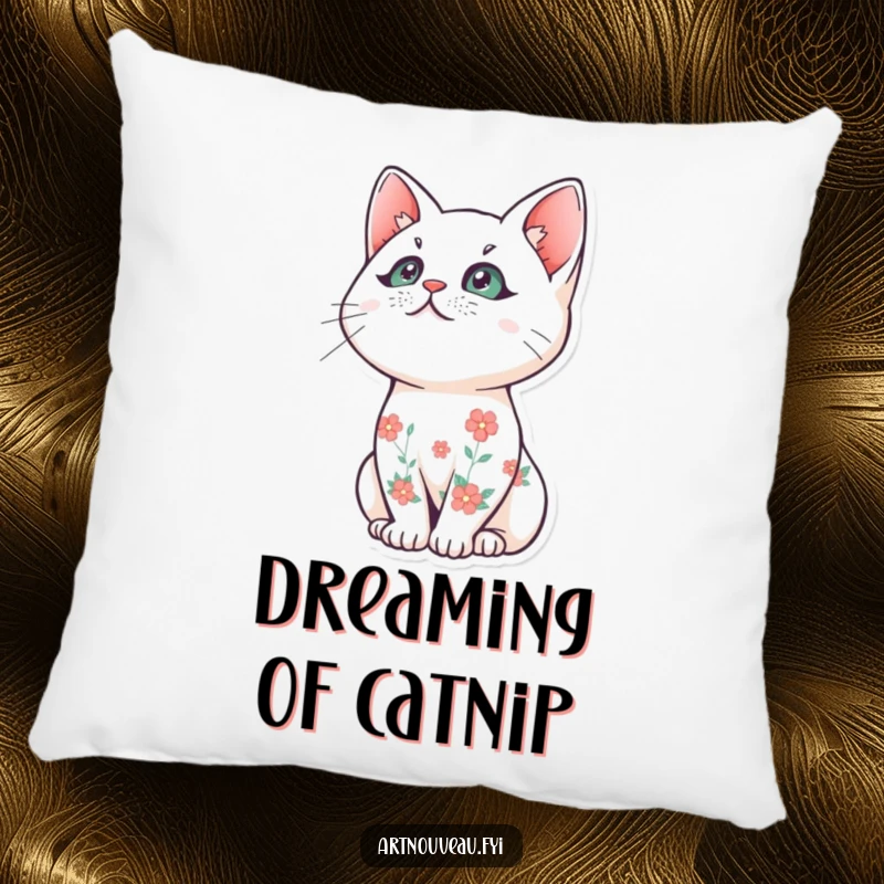 Funny cat pillow, stylized cat with floral fur, gazing upwards, decorative cushion, perfect funny gift for relaxation.