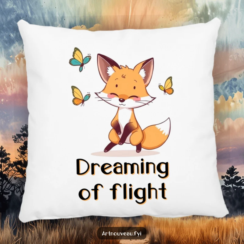 Funny fox pillow with a whimsical fox and butterfly in elegant lines, offering decorative comfort and style.