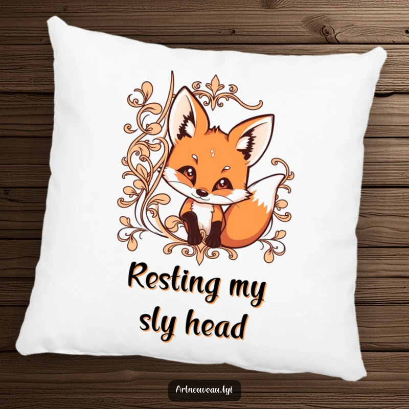 Funny pillow decorated with a curious fox peeking from behind ornate, flowing lines, enhancing comfort and decor.