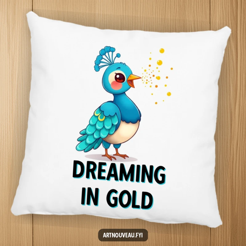Funny Golden Dust Peacock Pillow with a playful bird scattering golden dust, offering comfort and a touch of whimsical, humorous decoration.
