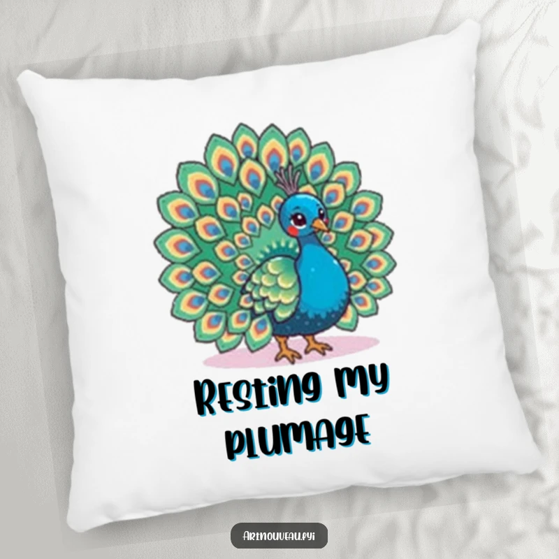 Funny pillow featuring a peacock fanning its tail with elaborate feather patterns, offering plush comfort and elegant style.
