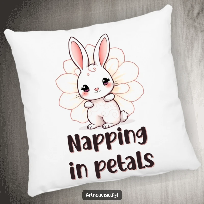 Funny Rabbit Bloom Pillow with a cute rabbit, swirling body patterns, peeking from behind a decorative bloom, soft and cuddly.