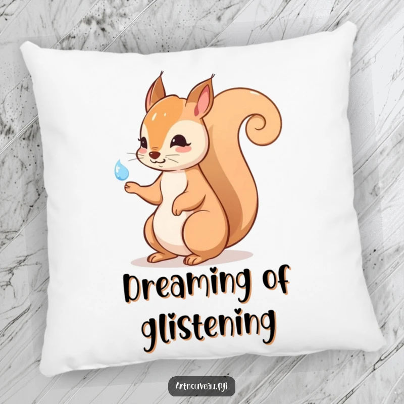 Funny squirrel pillow featuring an elegant swirling tail and a dewdrop, perfect for adding a touch of whimsical comfort to sofas or beds.