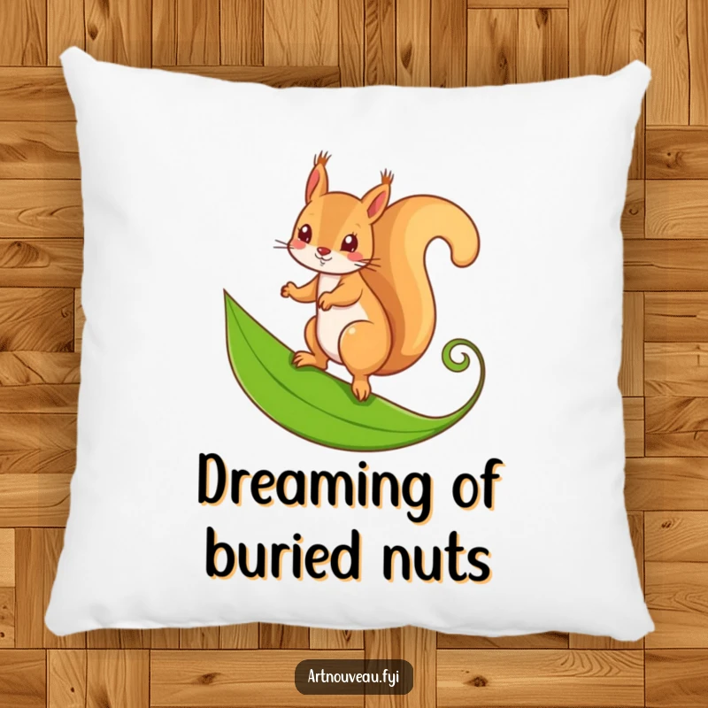 Funny pillow decorated with a mischievous squirrel balancing on a stylized, curling leaf, enhancing comfort and decor.