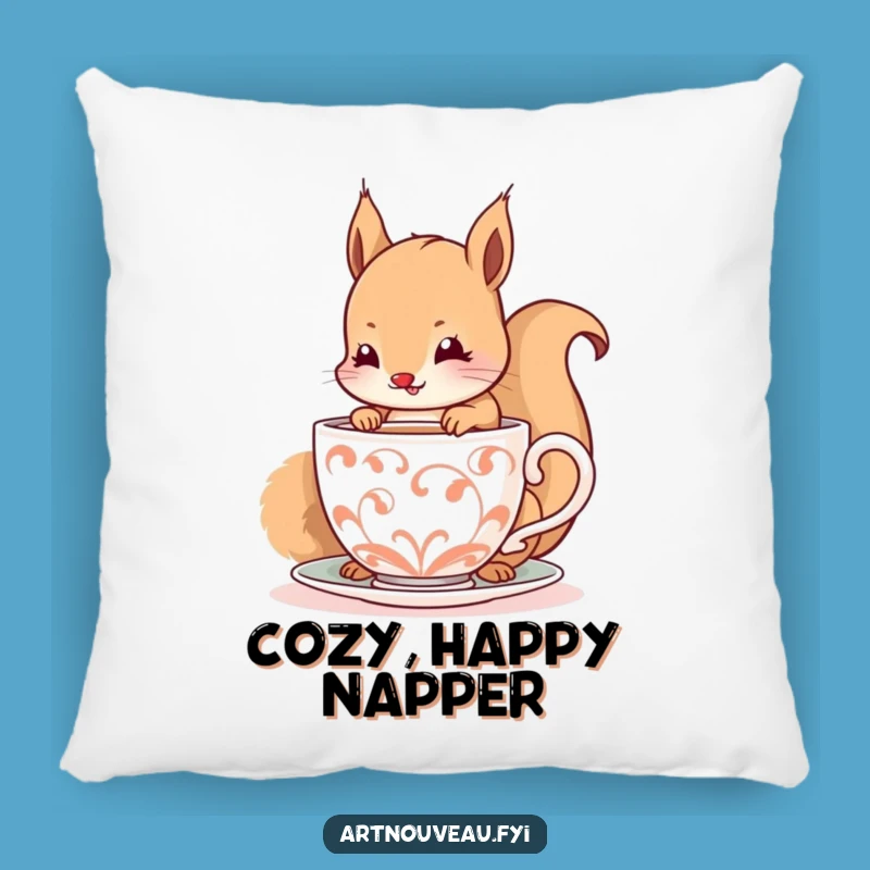 Funny Squirrel Pillow - Cozy Happy Sips Cushion, Spiraling Cup Decor