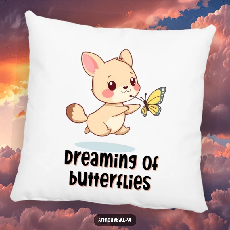 Funny pillow featuring a whimsical animal playfully chasing a delicate butterfly, perfect for adding a touch of comfort and lighthearted charm.