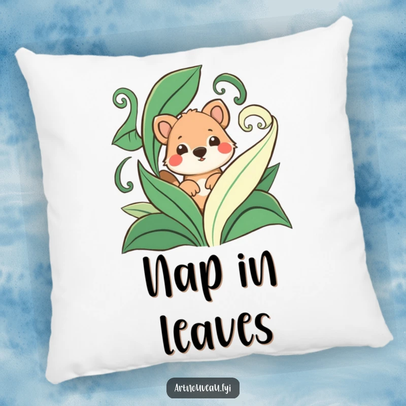 Funny pillow featuring a playful animal peeking out from behind abstract, swirling leaves, providing a touch of nature-inspired humor.